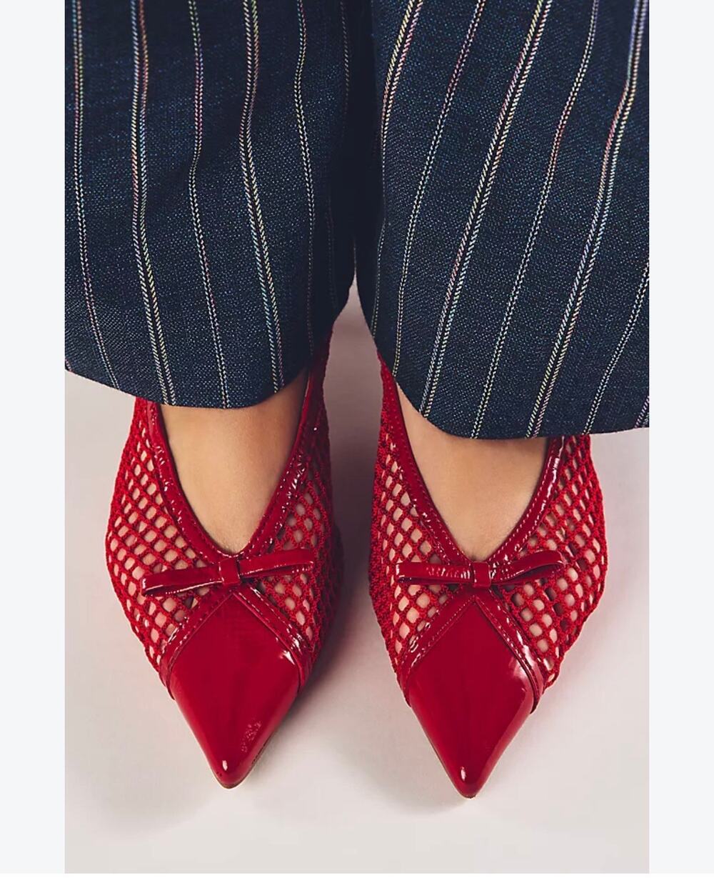 BIBI LOU Anthropologie Mesh Slingback Bow Kitten Heels Red Size 39/8.8.5